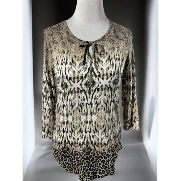 Chicos Brown Animal Leopard Paisley Print Quarter Sleeve Keyhole Tunic Top Small - Picture 2 of 8